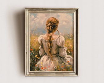 Girl in the meadow Wall Art Print, Anne Inspired Art,  Cottagecore Art Vintage Oil Painting Digital download Farmhouse Decor Cozy Book Nook