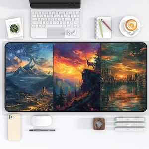 Könnte beinhalten: Eine dreiteilige Mausmatte mit einem Landschaftsdesign. Das linke Panel zeigt eine Bergkette mit einem Schloss im Vordergrund. Das mittlere Panel zeigt einen Wald mit einem Hirsch, der auf einer Klippe steht. Das rechte Panel zeigt eine Stadtlandschaft mit einem Fluss im Vordergrund.
