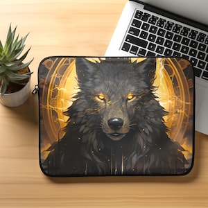 May include: A black wolf with glowing yellow eyes is depicted in a digital illustration. The wolf is surrounded by a golden halo with lightning bolts. The background is a dark, textured surface.