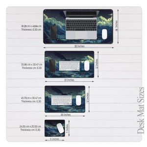 May include: Four different sizes of desk mats with a dark blue background and a light blue and yellow sky with clouds. The mats feature a keyboard, a mouse, and a phone. The mats are available in 32 inches by 16 inches, 22 inches by 12 inches, 18 inches by 12 inches, and 9 inches by 7 inches.