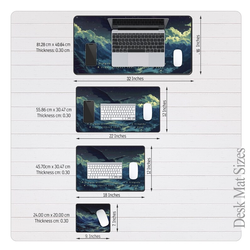 May include: Four different sizes of desk mats with a dark blue background and a light blue and yellow sky with clouds. The mats feature a keyboard, a mouse, and a phone. The mats are available in 32 inches by 16 inches, 22 inches by 12 inches, 18 inches by 12 inches, and 9 inches by 7 inches.