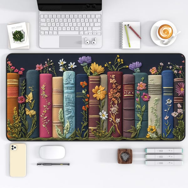 Bookish Desk Mat Floral Book Fantasy Mousepad Book Lovers Gift Witchy Dark Cottagecore Deskmat Dark Academia Librarian Gift Book Nook Kit