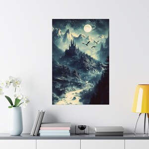 May include: A dark, moody illustration of a castle nestled in a mountain range with a full moon in the sky. Three black birds fly over the castle.