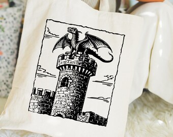 Mittelalterliche Drachen-Einkaufstasche, Fantasy-Retro-Kunst, Kriegsuniform, lässige Tasche für Bücherwürmer, Fantasy-Liebhaber, Geschenk für Buchliebhaber, Bücherwurm