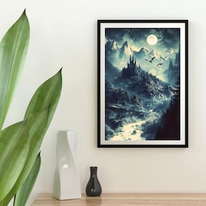 May include: A digital painting of a dark castle nestled in a mountain range with a full moon in the sky. Two birds fly over the castle. The scene is painted in shades of blue and grey.
