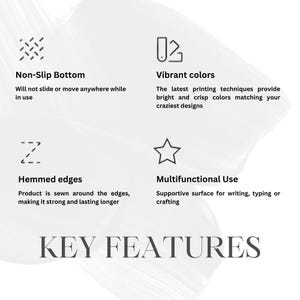 May include: Key features of a desk pad, including a non-slip bottom, vibrant colours, hemmed edges, and a multifunctional use for writing, typing, or crafting.