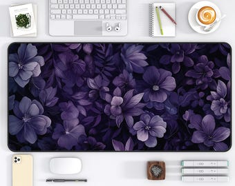 Purple Floral Desk Mat Botanical Mouse Pad, Moody Print, Dark Cottagecore, Dark Academia Gaming Set Up Vintage Desk Mat XXL Mouse Pad
