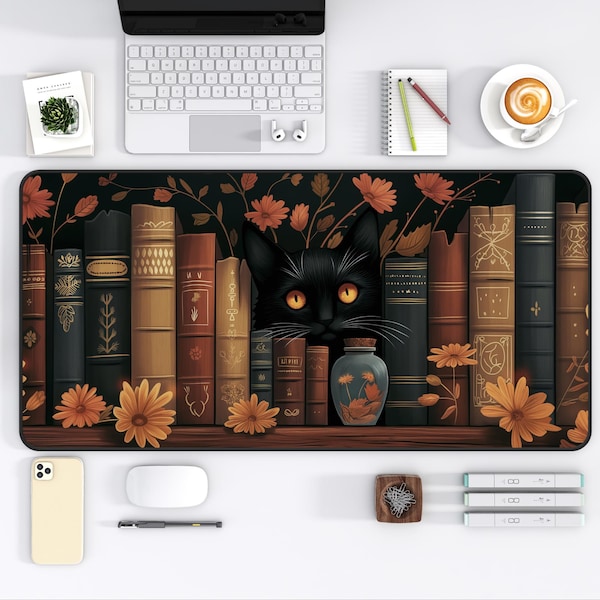 Whimsical Black Cat and Books Desk Mat Fantasy Mouse Pad Cottagecore Dark Academia Witchy Aesthetic Book Nook Kit, Cat Mom Gift, Custom Gift