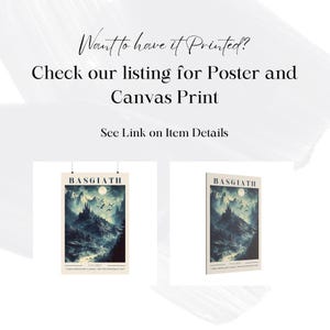 May include: Two posters with a vintage aesthetic featuring a fantasy landscape with a castle, mountains, and a full moon. The text on the posters reads "BASGIATH".