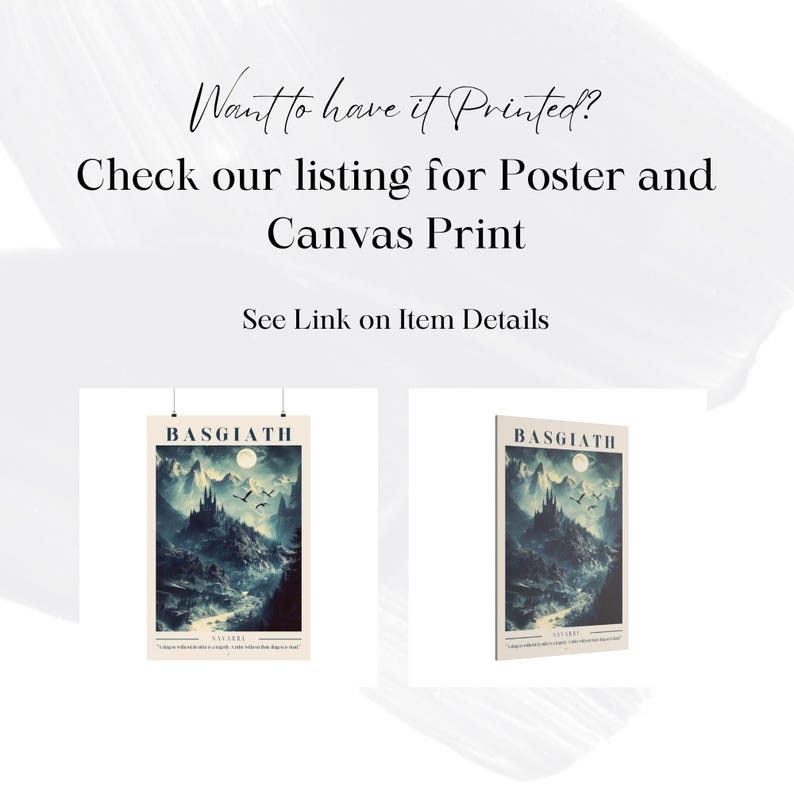May include: Two posters with a vintage aesthetic featuring a fantasy landscape with a castle, mountains, and a full moon. The text on the posters reads "BASGIATH".