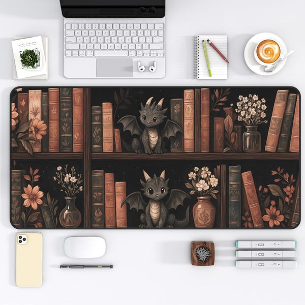 Dragon Desk Mat: Fantasy Book Nook, Dark Academia Mouse Pad