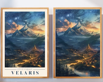 Op de afbeelding: Twee ingelijste prints van een fantasie stad genesteld in een bergdal onder een sterrenhemel. De stad is verlicht met lampjes en een rivier stroomt erdoorheen. De tekst op de print luidt "City of Starlight Velaris".
