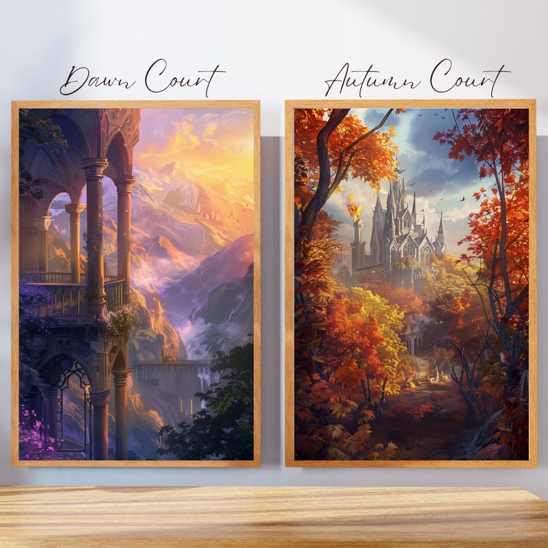 May include: Two framed paintings depicting different seasons. The left painting shows a mountain landscape with a stone structure in the foreground, with a sunrise in the background. The right painting shows a castle in a forest with autumn leaves in shades of red, orange, and yellow.