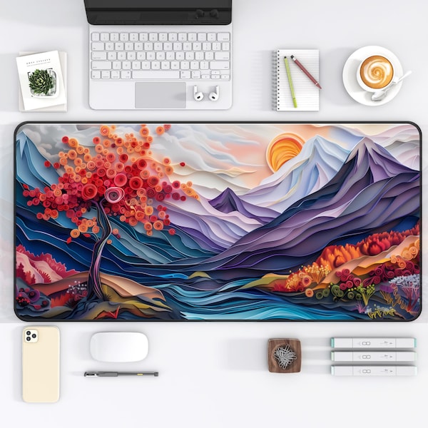Mountain Desk Mat Nature Mouse Pad Unique Desk Mat for Nature Lovers Gift for Quilling Art Lovers, Colorful Desk Decor