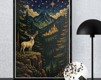 May include: A framed vertical wall art print featuring a stained-glass style illustration of a deer standing on a rocky cliff overlooking a forest, a distant castle, and a starry night sky. A small circular inset shows loose puzzle pieces.