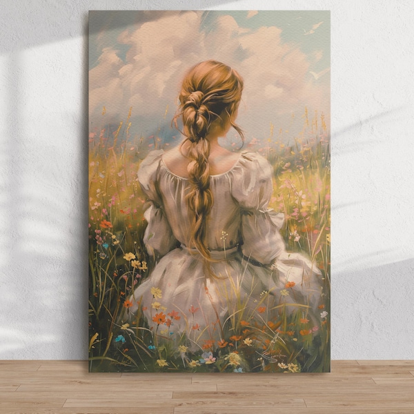 Vintage canvasdoek, Anne-muurkunst, Cottagecore-decor, vrouwelijk landschapskunstwerk, boekenhoekpakket, romantisch cadeau voor boekenliefhebbers