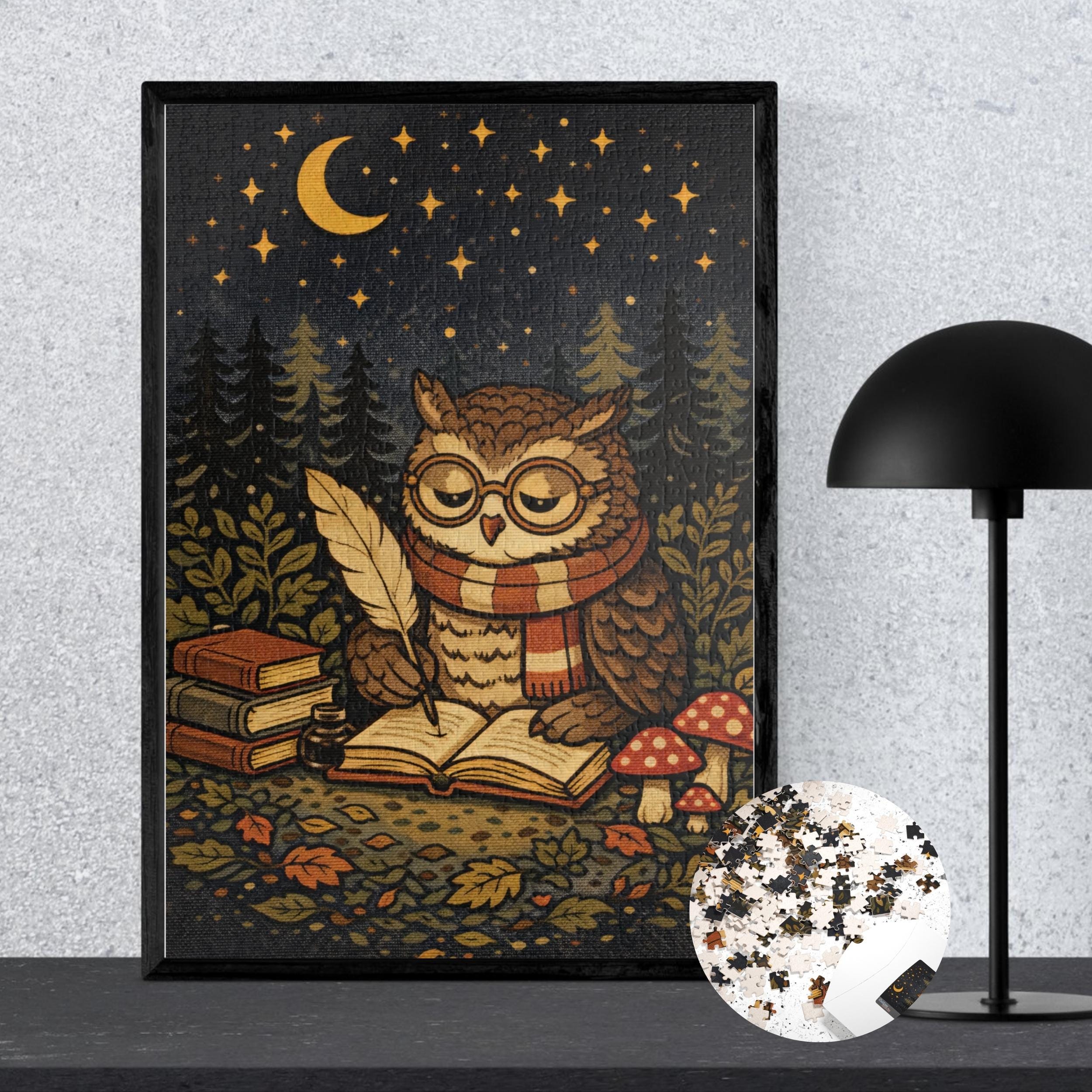 Owl Jigsaw Puzzle, Dark Academia, Bookish Gift, Book Nook Kit, Cottagecore Art