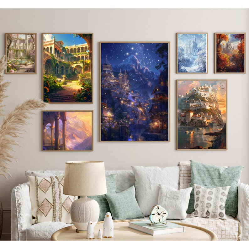 May include: A collection of framed art prints featuring various fantasy landscapes. The prints depict scenes of castles, mountains, and starry skies. The prints are arranged on a white wall above a couch with pillows.