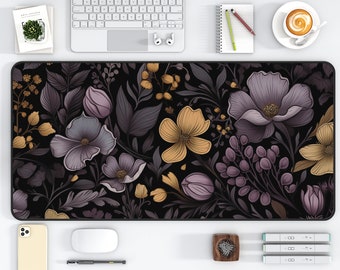 Dark Cottagecore Desk Mat Botanical Mouse Pad Purple Deskmat Vintage Desk Mat Wildflower Mousepad Extended Keyboard Mat Book Nook Decor