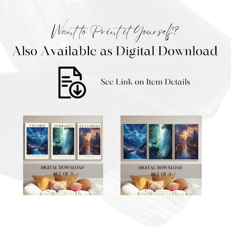 May include: Three digital art prints of fantasy landscapes with the titles "Velaris", "Terrassen", and "Lunathion". The prints are displayed on a white couch with yellow and pink throw pillows. The text "Digital Download Set of 3" is displayed below each set of prints.