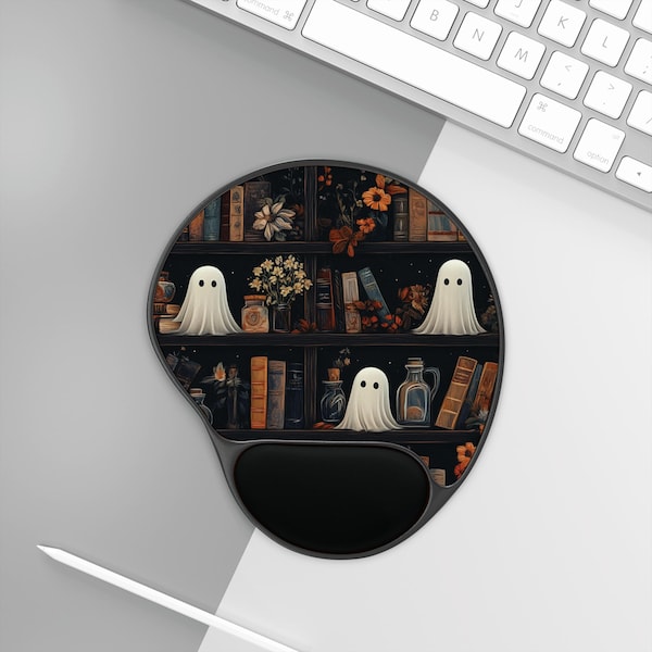 Ergonomic Ghost Mouse Pad with Wrist Support, Dark Academia Bookshelf Design, Cute Halloween Desk Accessory, Vintage Book Lover Gift Bookish