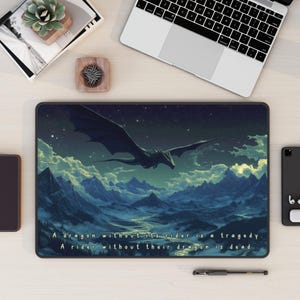 May include: A black dragon flies over a mountain range with a starry night sky. The text reads: "A dragon without its rider is a tragedy. A rider without their dragon is dead."