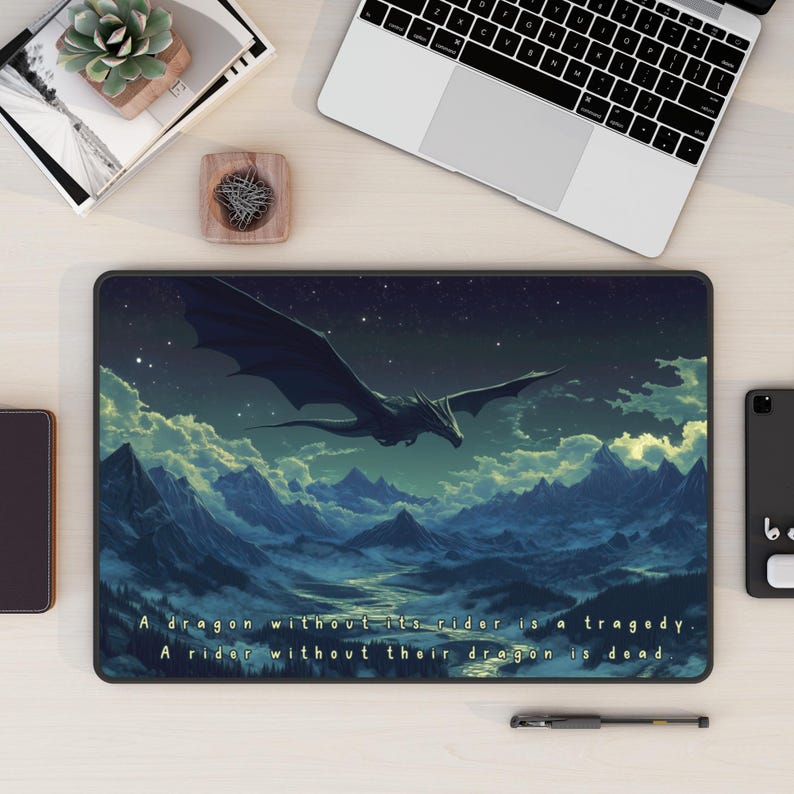 May include: A black dragon flies over a mountain range with a starry night sky. The text reads: "A dragon without its rider is a tragedy. A rider without their dragon is dead."