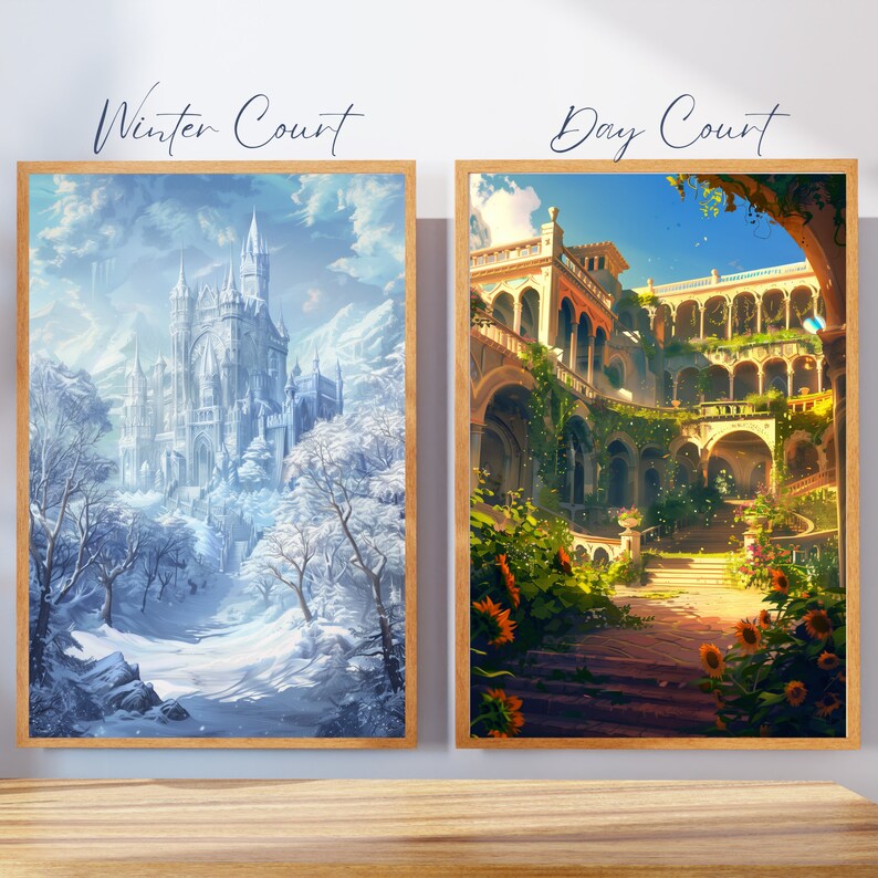 May include: Two framed paintings depicting contrasting scenes. The left painting shows a snowy, wintery landscape with a large, white castle in the background. The right painting shows a sunny, outdoor courtyard with a stone building and lush greenery.