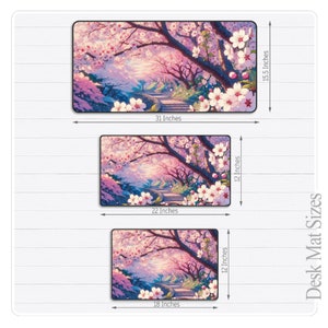 May include: Three different sizes of desk mats featuring a pink and purple landscape with a path leading through a cherry blossom forest. The mats are available in 18x12 inches, 22x12 inches, and 31x15.5 inches.