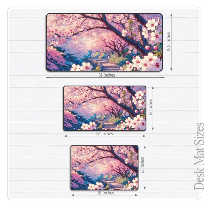 May include: Three different sizes of desk mats featuring a pink and purple landscape with a path leading through a cherry blossom forest. The mats are available in 18x12 inches, 22x12 inches, and 31x15.5 inches.