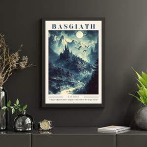 May include: A fantasy landscape with a castle on a mountain, a full moon, and three flying dragons. The text "BASGIATH" is at the top of the image and "NAVARRE" is below the image. The quote "A dragon without its rider is a tragedy. A rider without their dragon is dead." is at the bottom of the image.