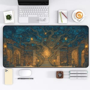 May include: A large rectangular desk mat featuring a detailed illustration of a library with a large tree at the center. The artwork is in shades of blue, brown, and gold, with a staircase leading up to the tree.