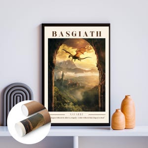 May include: A fantasy art print with a dragon flying over a medieval castle in a green forest. The print has the text "BASGIATH NAVARRE" and the quote "A dragon without its rider is a tragedy. A rider without their dragon is dead."