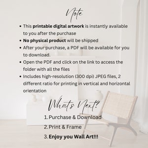 May include: A digital printable artwork download guide with instructions on how to purchase, download, print, and frame the artwork. The text reads "Note" and "What's Next?" with steps listed below.
