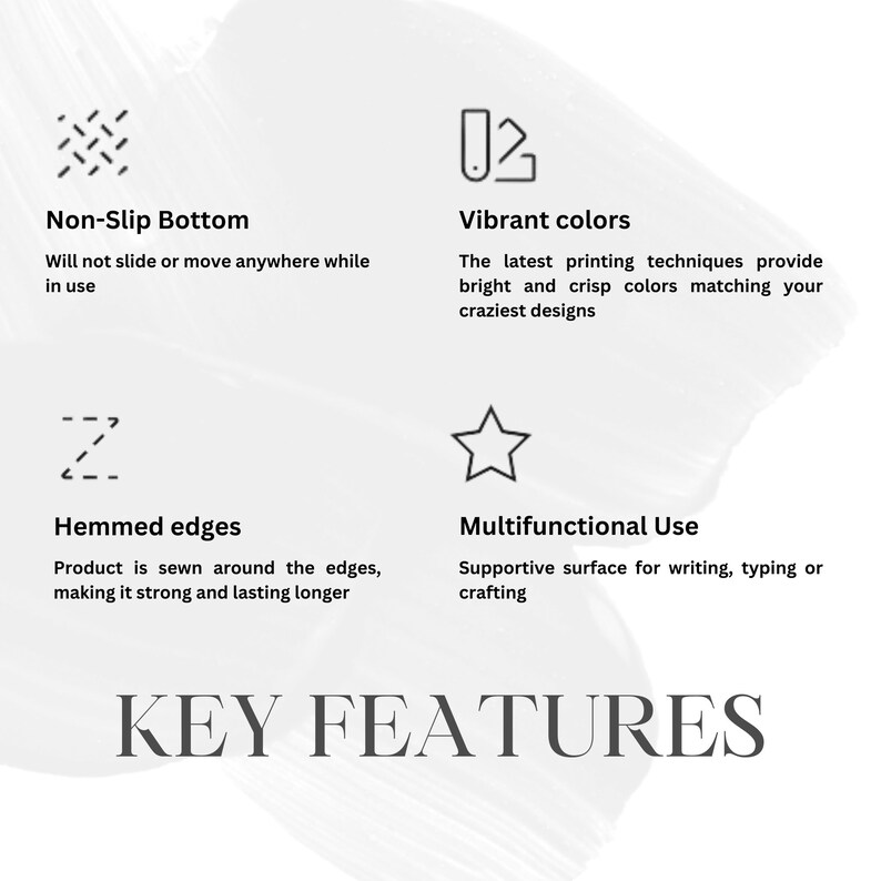 May include: Key features of a desk mat, including a non-slip bottom, vibrant colors, hemmed edges, and a multifunctional use for writing, typing, or crafting.