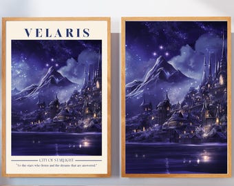 Op de afbeelding: Een digitale kunstprint met een fantasiestadt genaamd Velaris, genesteld in een bergketen onder een sterrenhemel. De stad is verlicht met warme lichten, die reflecteren in het water eronder. De tekst "CITY OF STARLIGHT" en "To the stars who listen and the dreams that are answered." is inbegrepen.
