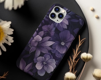 Donker bloemen iPhone hoesje, MagSafe, sfeervol paars bloemen telefoonhoesje, gotisch telefoonhoesje, romantisch fantasie telefoonaccessoire, iPhone 17 16 14 15