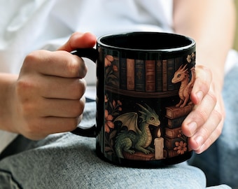 Fantasy Drache Becher, Bücherwurm Kaffeetasse, Dark Academia, Buch-Liebhaber Geschenk, Book Nook Kit, Vintage Bücher Becher
