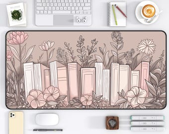 Floral Book Desk Mat , Aesthetic Gaming Mouse Pad, Coquette Decor, Gift for Book Lovers, Study Desk Accessory, Pastel Desk Mat, Bookish Gift