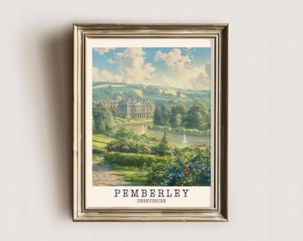 Pemberley Art Print Jane Austen Travel Poster Digital Download Pride and Prejudice Vintage Wall Decor Book nook Decor