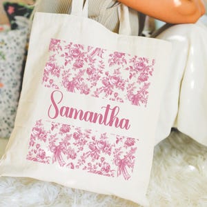 Coquette Canvas Tote Bag Toile De Jouy Custom Name Totes Bridesmaid Proposal Gift Cotton Canvas Bag  Chinoisserie Pattern, Gift for Her