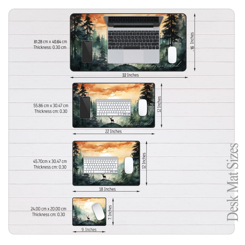 Pu&ograve; includere: Quattro tappetini da scrivania di diverse dimensioni con una scena di foresta ad acquerello. I tappetini presentano un tramonto, alberi, un cervo e il testo "Ovunque tu vada, lascia che la tua luce brilli". I tappetini sono disponibili in 81,28 cm x 40,64 cm, 55,86 cm x 30,47 cm, 45,70 cm x 30,47 cm e 24 cm x 20 cm.
