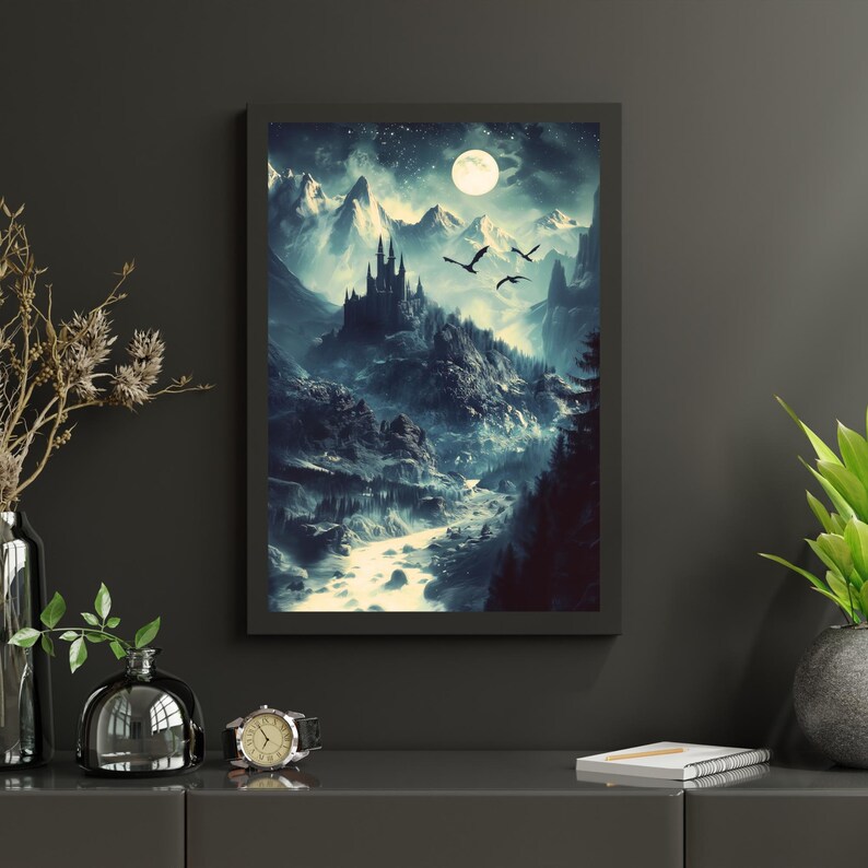 May include: A digital painting of a dark, mysterious castle nestled in a mountain range. The castle is illuminated by a full moon and surrounded by a winding river. Three black birds fly overhead.