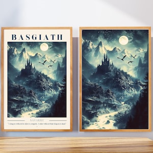 May include: A fantasy art print with a dark blue and white color scheme. The print features a castle on a mountain with a full moon in the sky. The text "BASGIATH" and "NAVARRE" are at the top and bottom of the print. The quote "A dragon without its rider is a tragedy. A rider without their dragon is dead" is below the text "NAVARRE".