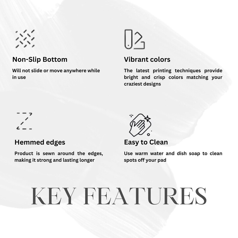 May include: Key features of a pad with a non-slip bottom, vibrant colors, hemmed edges, and easy to clean. The pad is described as being strong and lasting longer.