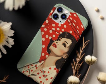 Retro Glam iPhone Case Vintage Polka Dot Girl Phone Cover Vintage Woman Aesthetic Case, Pop Art Phone Case Samsung Case Fashion Lovers Gift