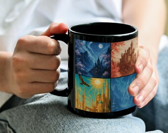 Caneca inspirada em Acotar, Caneca de café da Corte de Prythian, Caneca de arte fantástica, Produtos literários, Caneca de café preta, Presente para amantes de livros