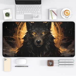 May include: A black wolf with glowing yellow eyes is featured on a black and gold gaming mouse pad. The wolf is surrounded by a circular design with lightning bolts and a golden background.
