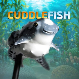 May include: A smiling, cartoon-style Cuddlefish figure with a white and gray spotted body, fins, and a black base. The word "CUDDLEFISH" is displayed in orange and white text above the figure, set against an underwater background with seaweed and coral.
