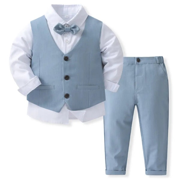 Boys Formal Wear, Kids Suit, Toddler Baby Vest Pants Long Sleeve Shirt Bow Wedding Special Occassion Attire Clean Dapper Outfit Gentlemen